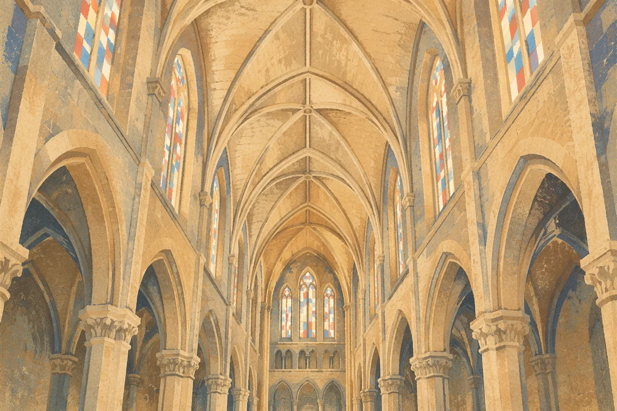 Soaring Gothic Church Ceiling in Reverent Light
