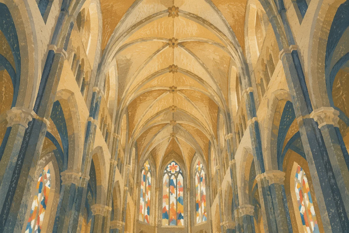 Gothic Sanctuary Vaulted Ceiling in Amber Light