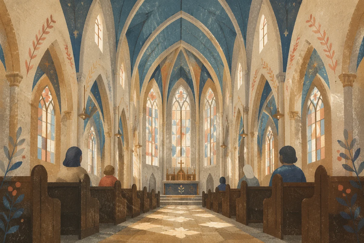 Gothic Church Interior with Soaring Ribbed Ceiling