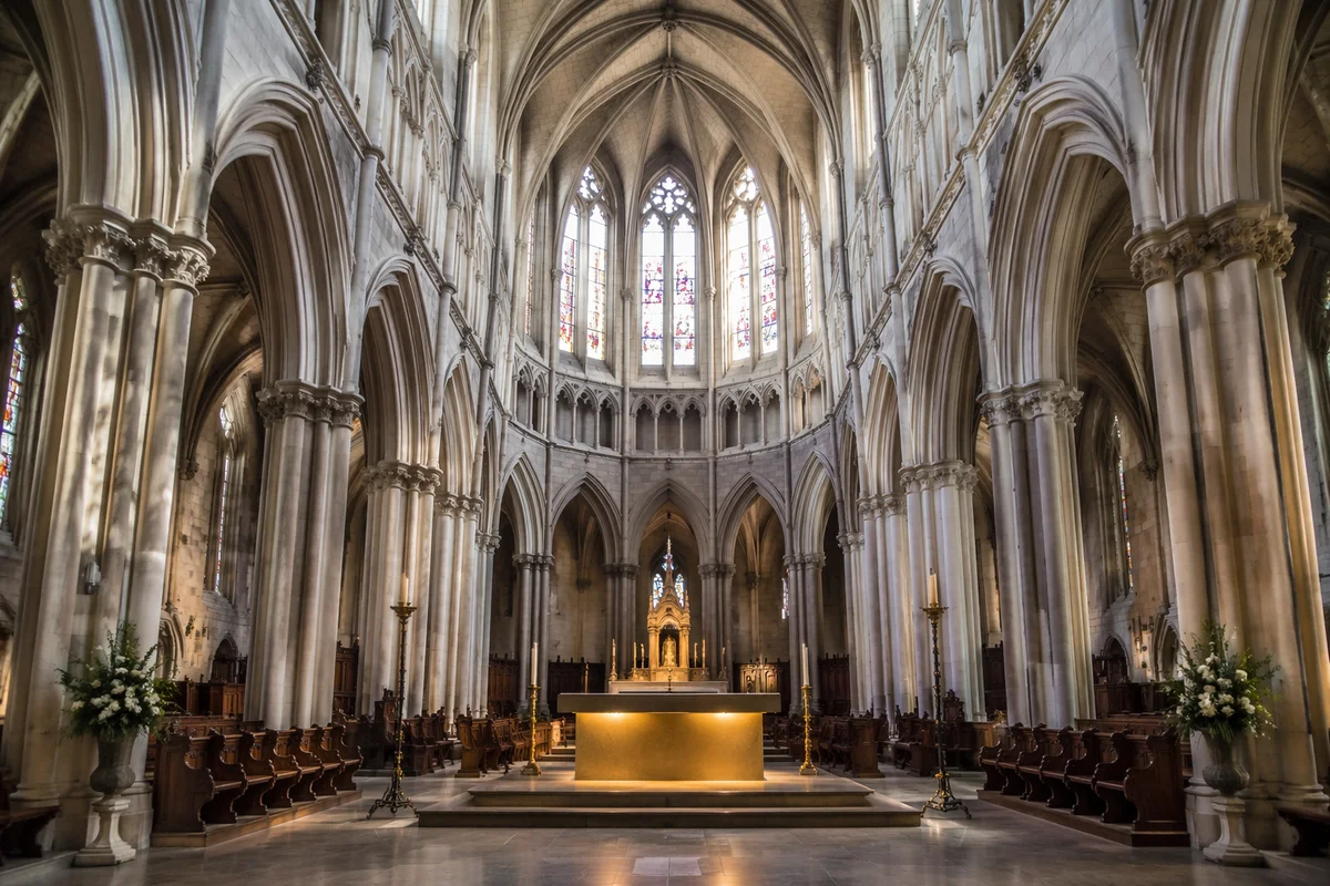 Gothic Church Nave with Illuminated Altar
