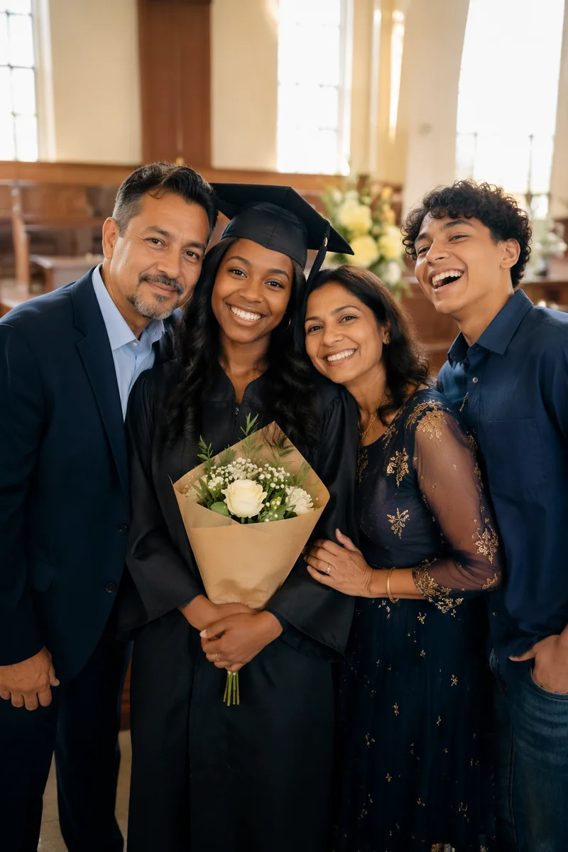 Family Hugging Graduate in Church Hall