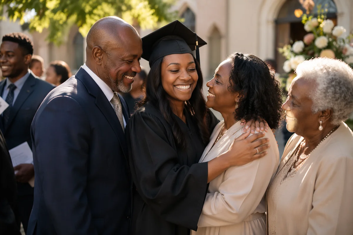 Family Hug Outside Church After Graduation