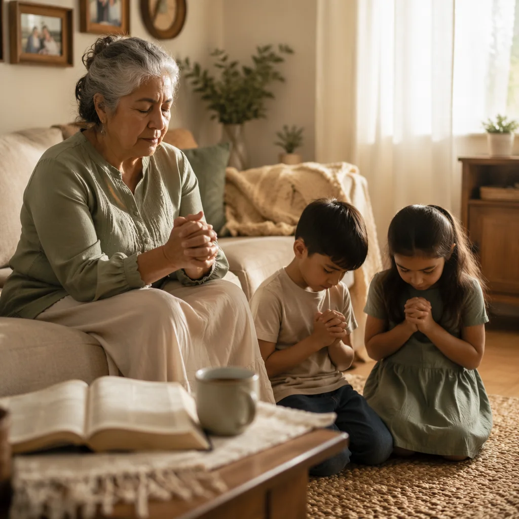 Grandmother Praying with Grandchildren in Living Room