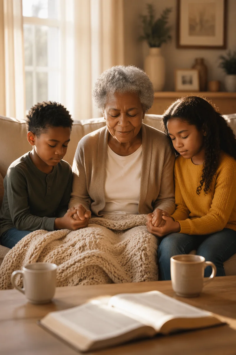 Grandmother Praying with Grandchildren in Living Room