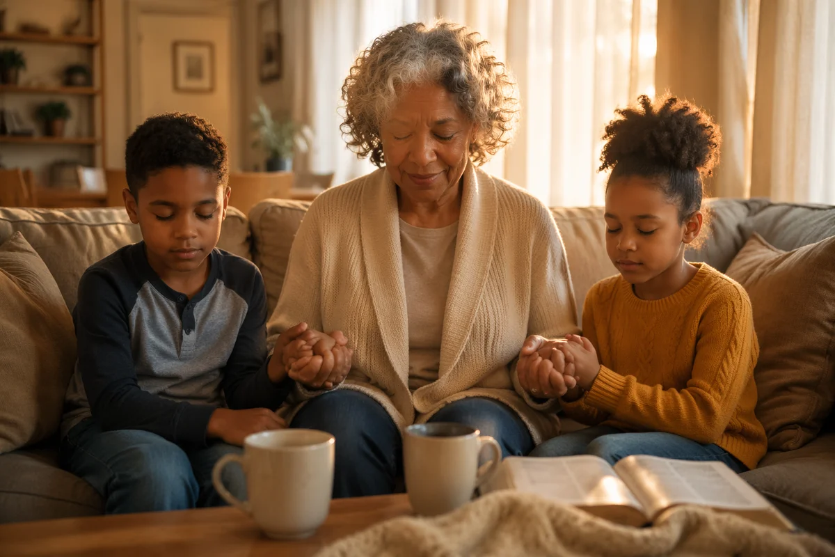 Grandmother Praying with Grandchildren in Living Room