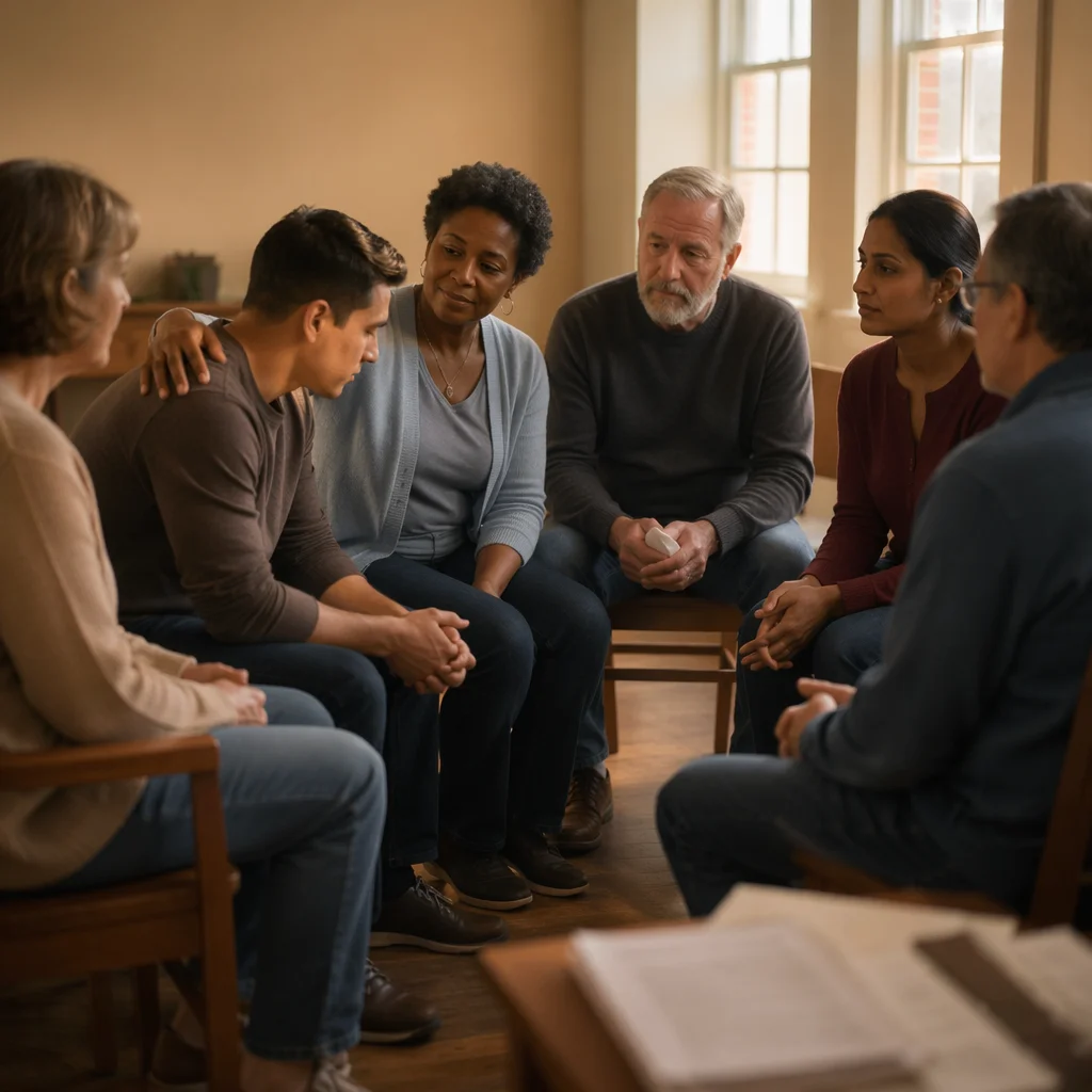 Compassionate Support Group in Sunlit Room