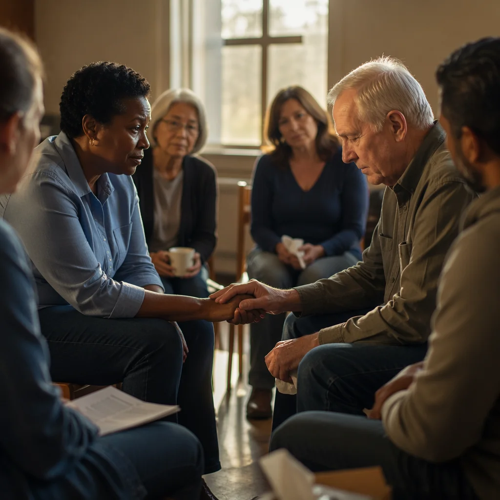 Grief Support Group in Sunlit Room