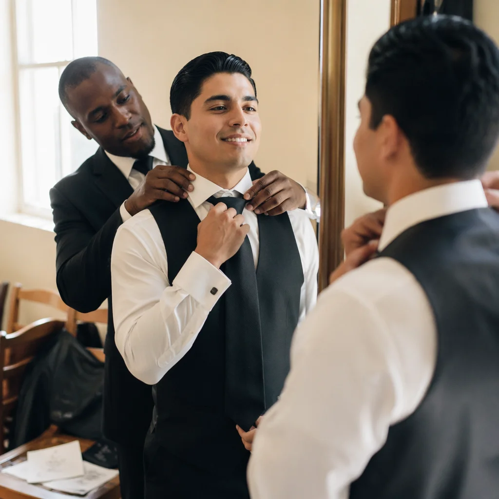 Groom and Best Man Adjusting Tie