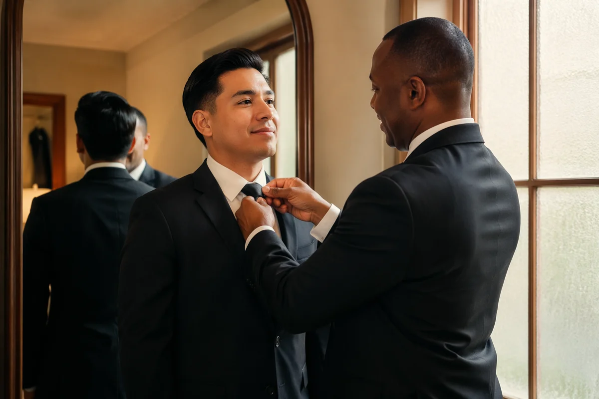 Groom and Best Man Adjusting Tie