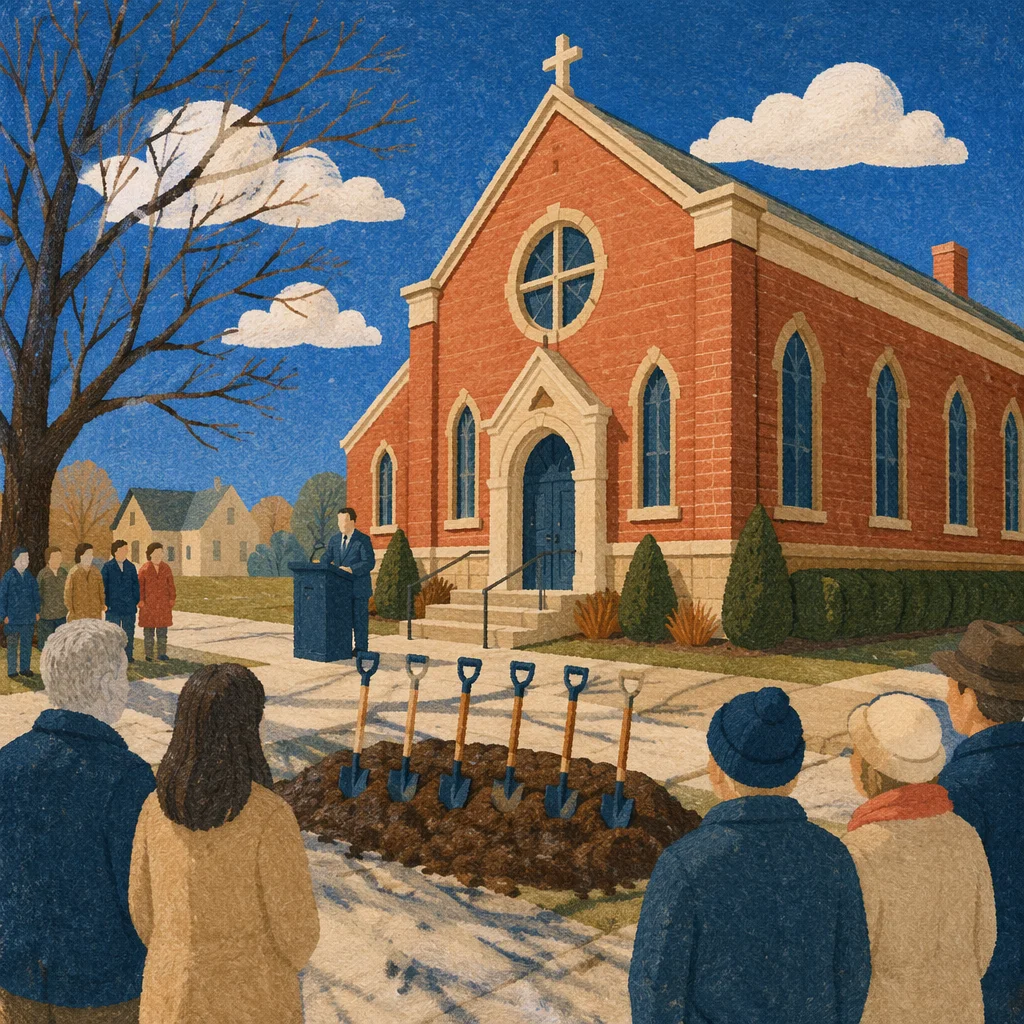 Church Groundbreaking Ceremony by Brick Building