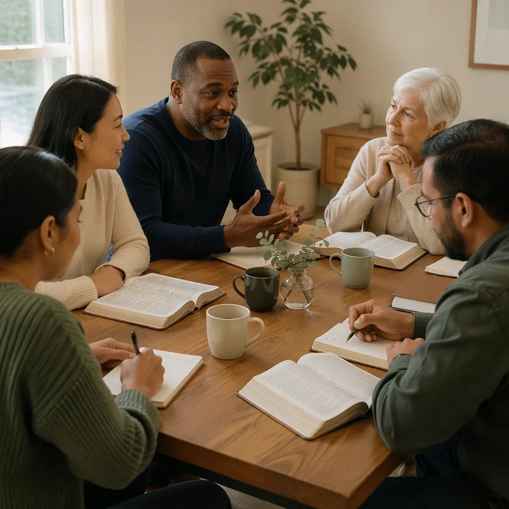 Small Group Discussion Around Wooden Table