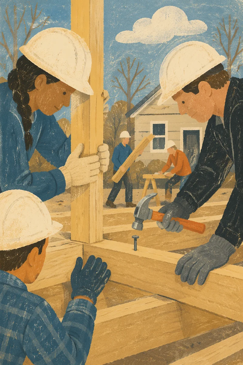 Church Volunteers Building House Frame Together