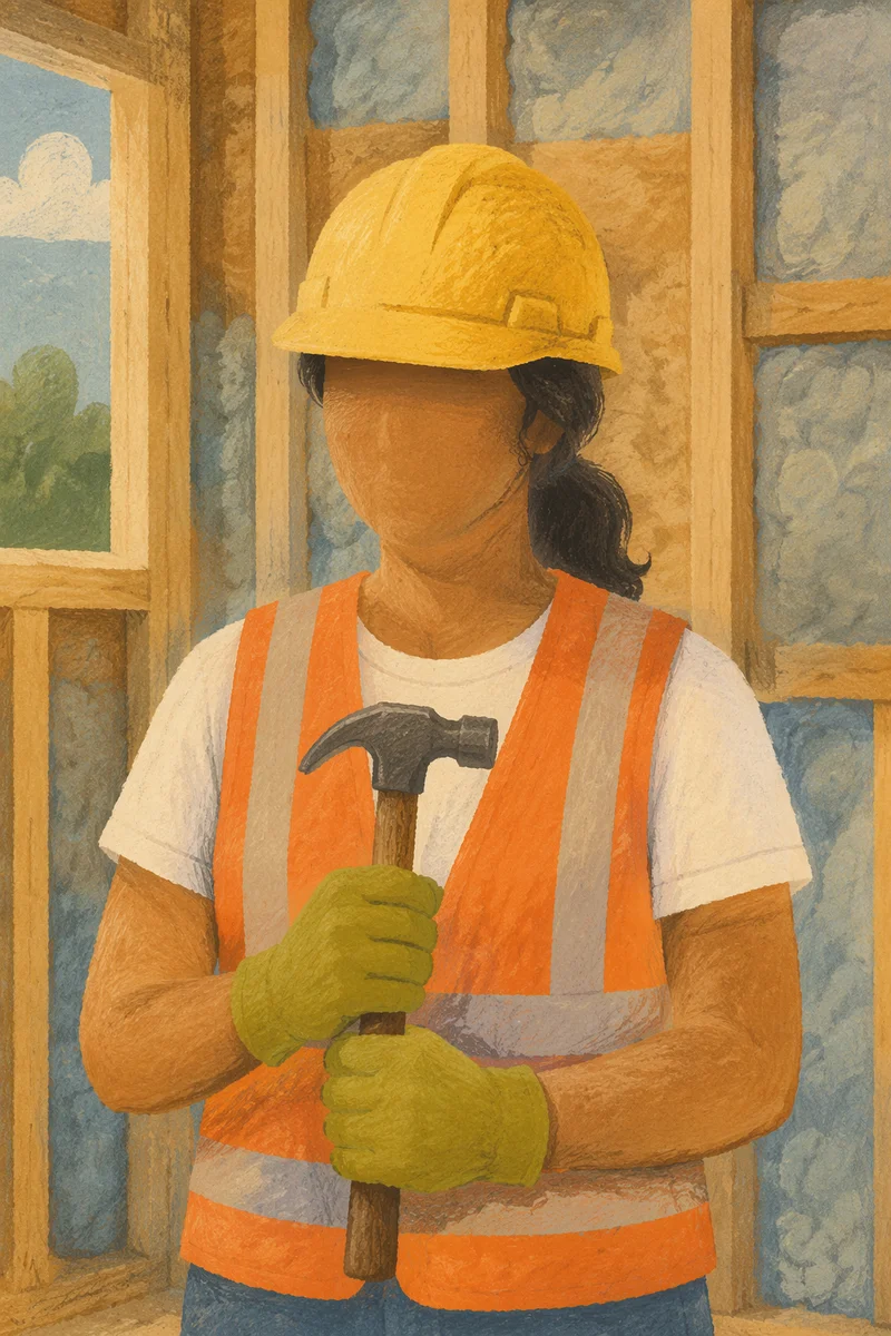 Construction Volunteer with Hammer in Framed Home