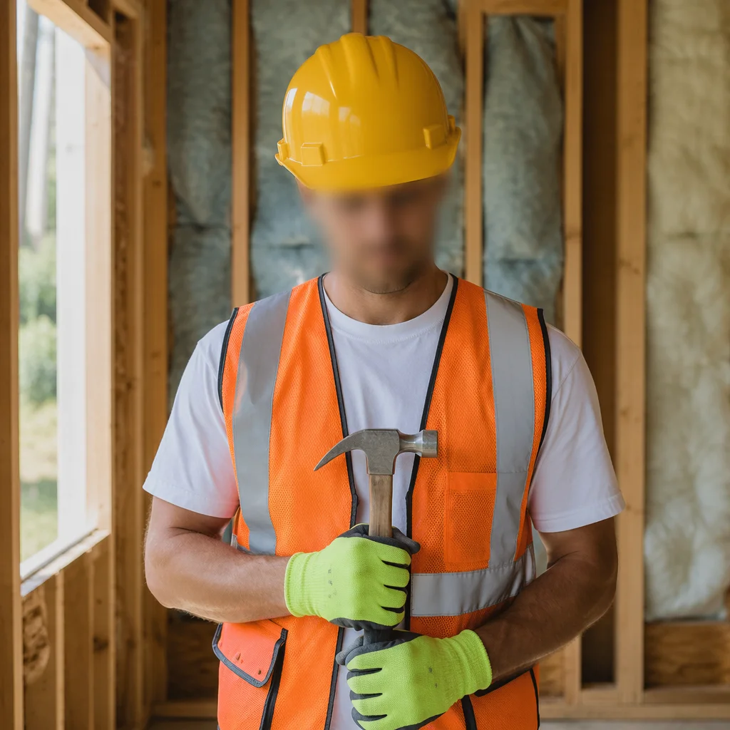 Construction Volunteer with Hammer in Framed Wall