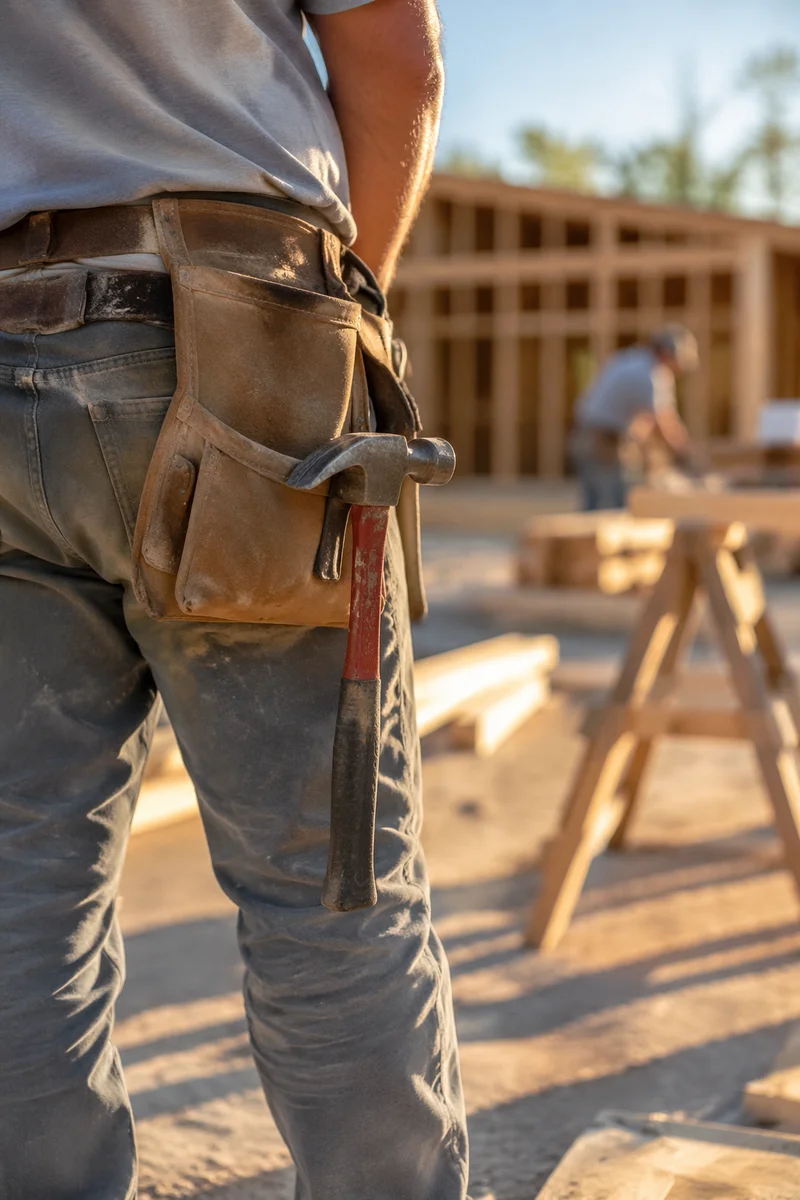 Church Construction Volunteer With Hammer Tool Belt