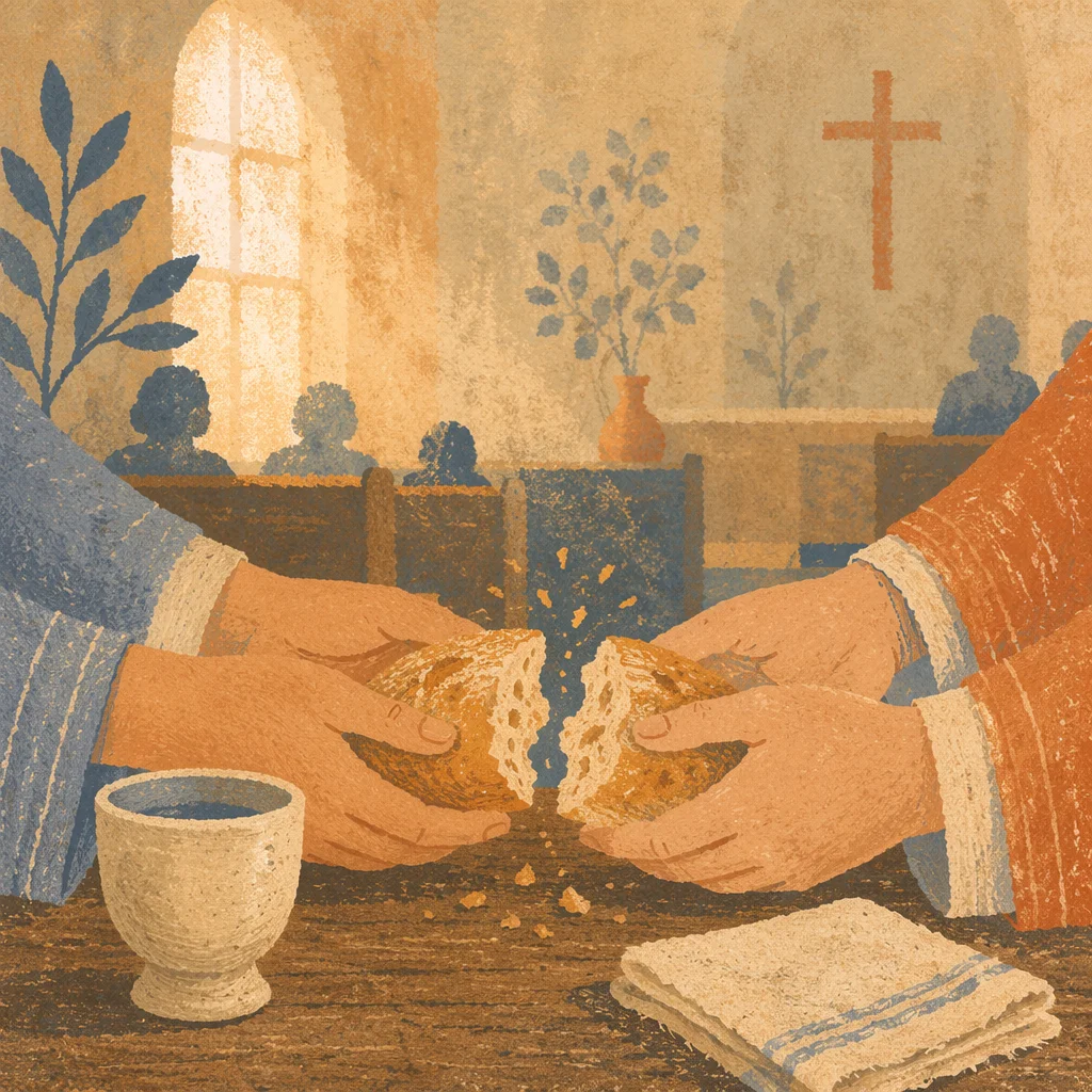 Hands Breaking Bread at Communion Service