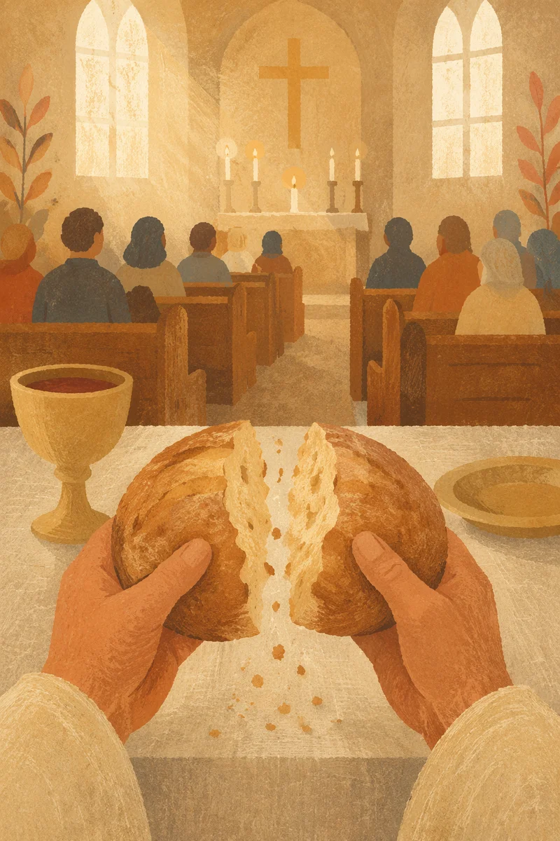 Hands Breaking Bread During Communion Service