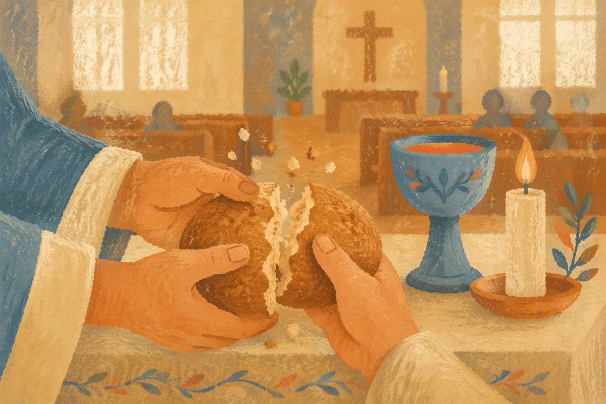Hands Breaking Bread in Communion Service