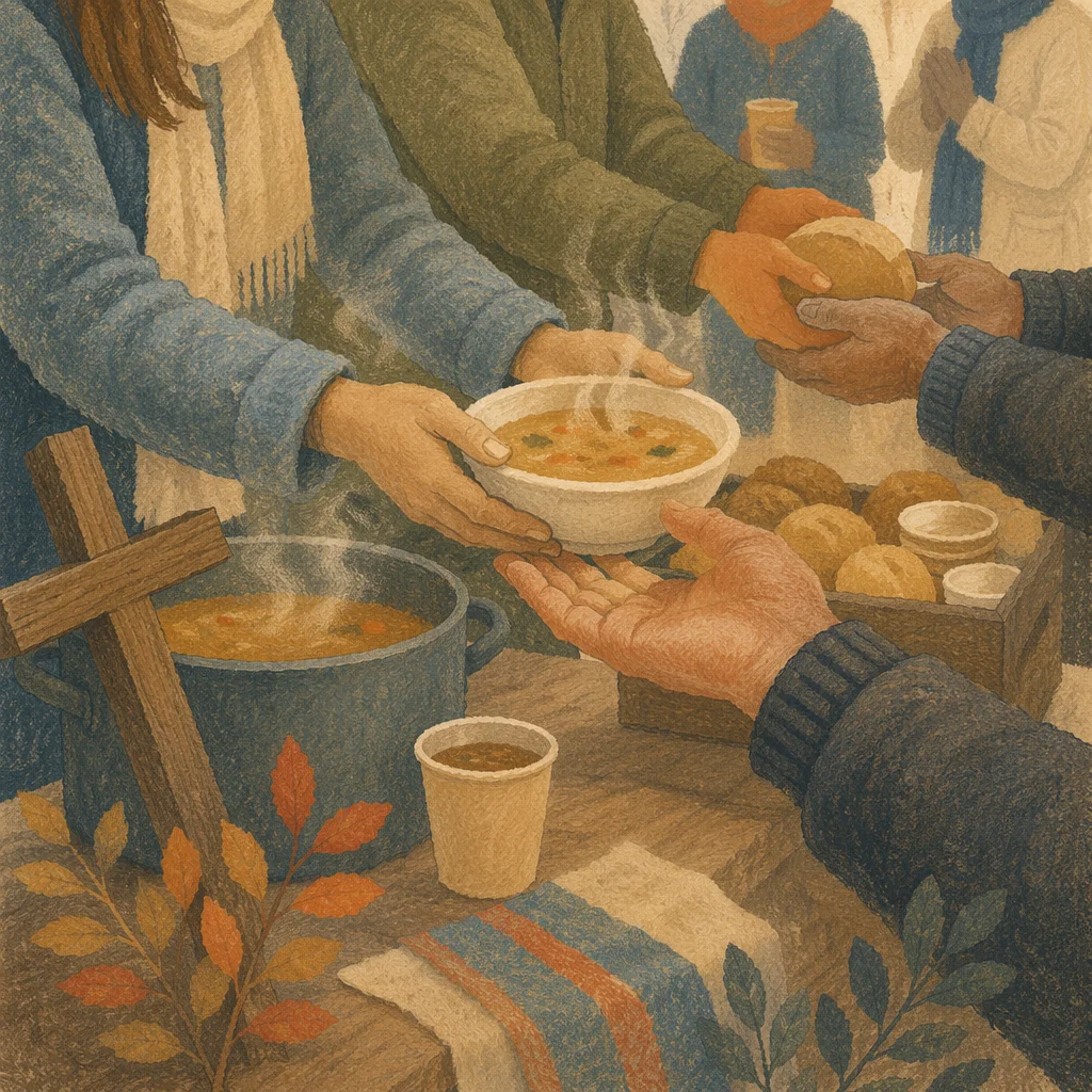 Hands Serving Soup at Church Outreach