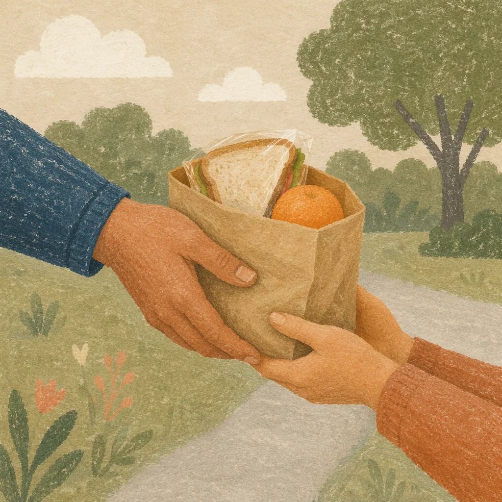 Hands Sharing Meal Bag in Outreach Ministry