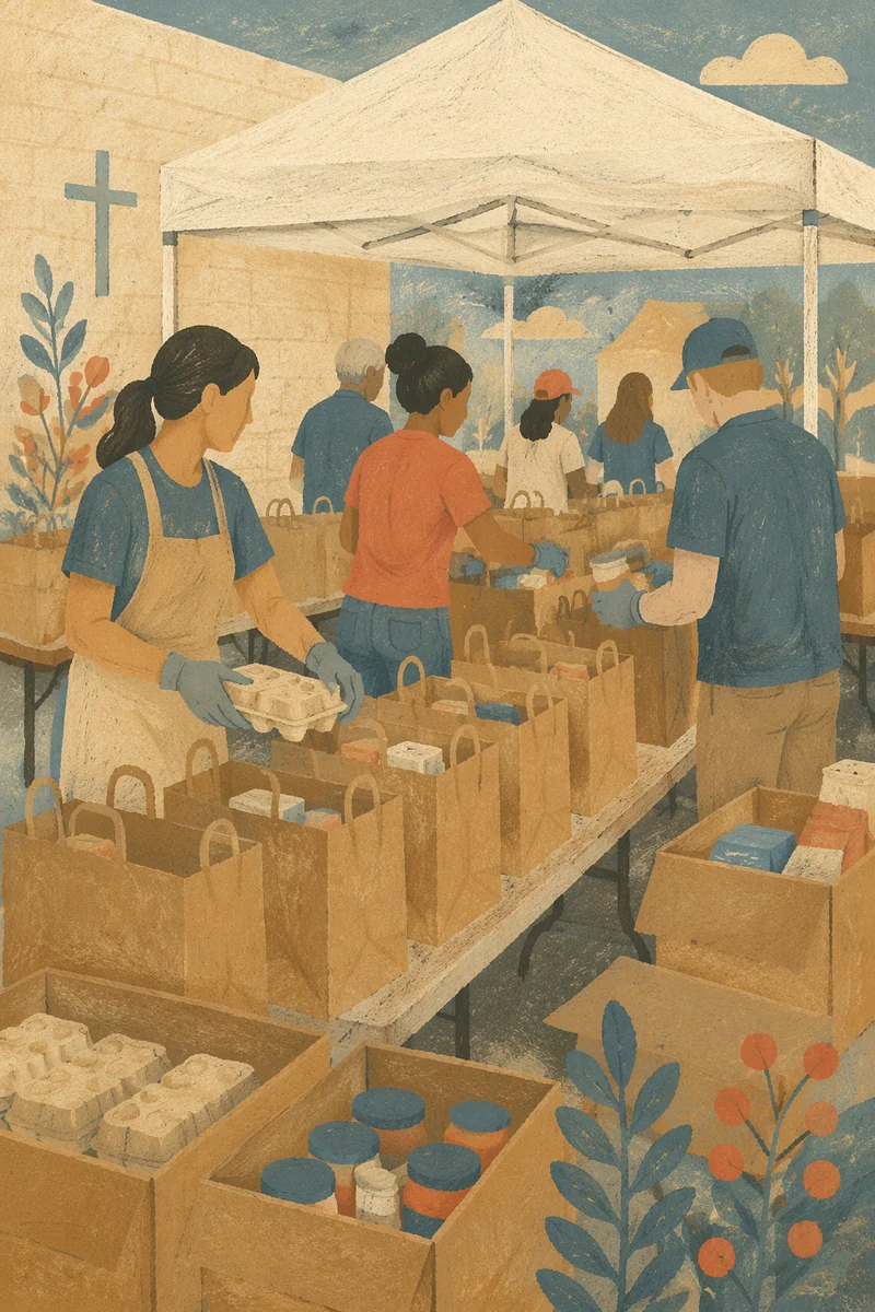 Church Food Outreach Volunteers Packing Grocery Bags