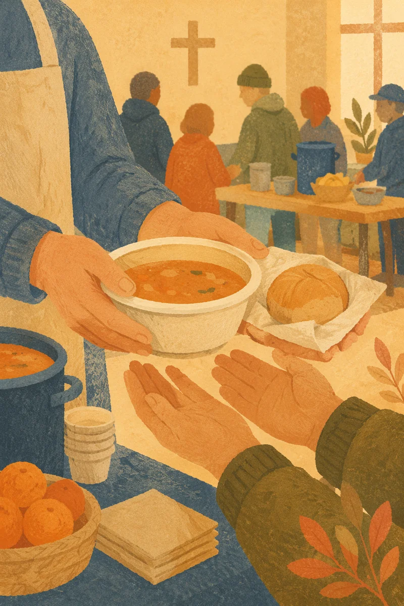 Hands Sharing Soup at Church Outreach Table