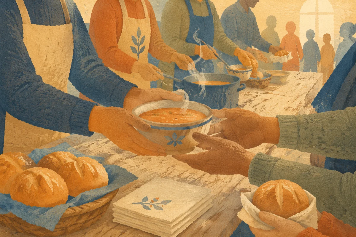 Hands Sharing Soup at Church Outreach
