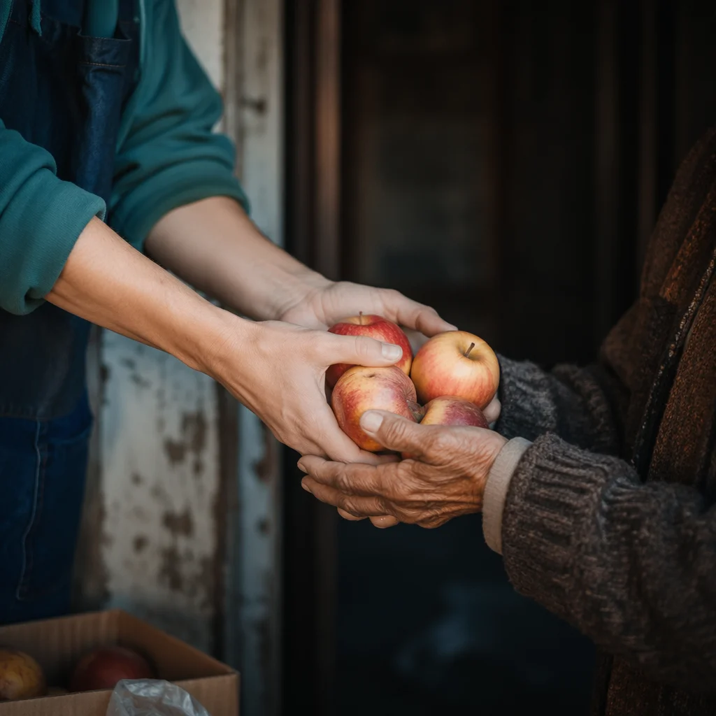 Volunteer Hands Sharing Apples in Food Outreach