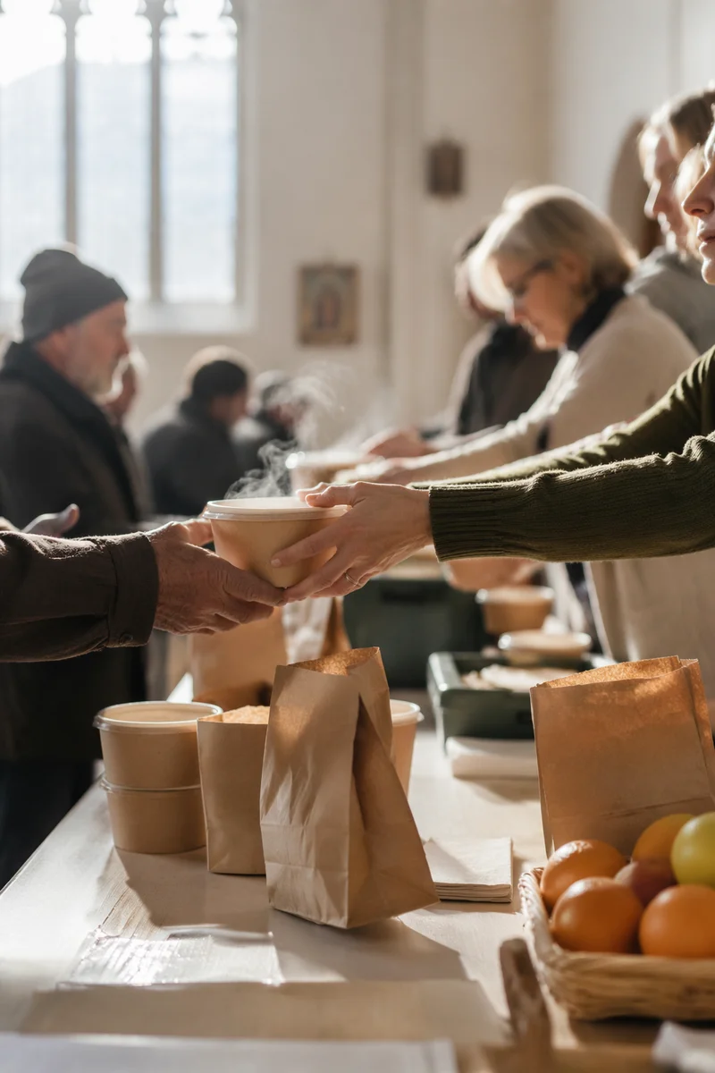 Volunteers Serving Meals in Church Hall