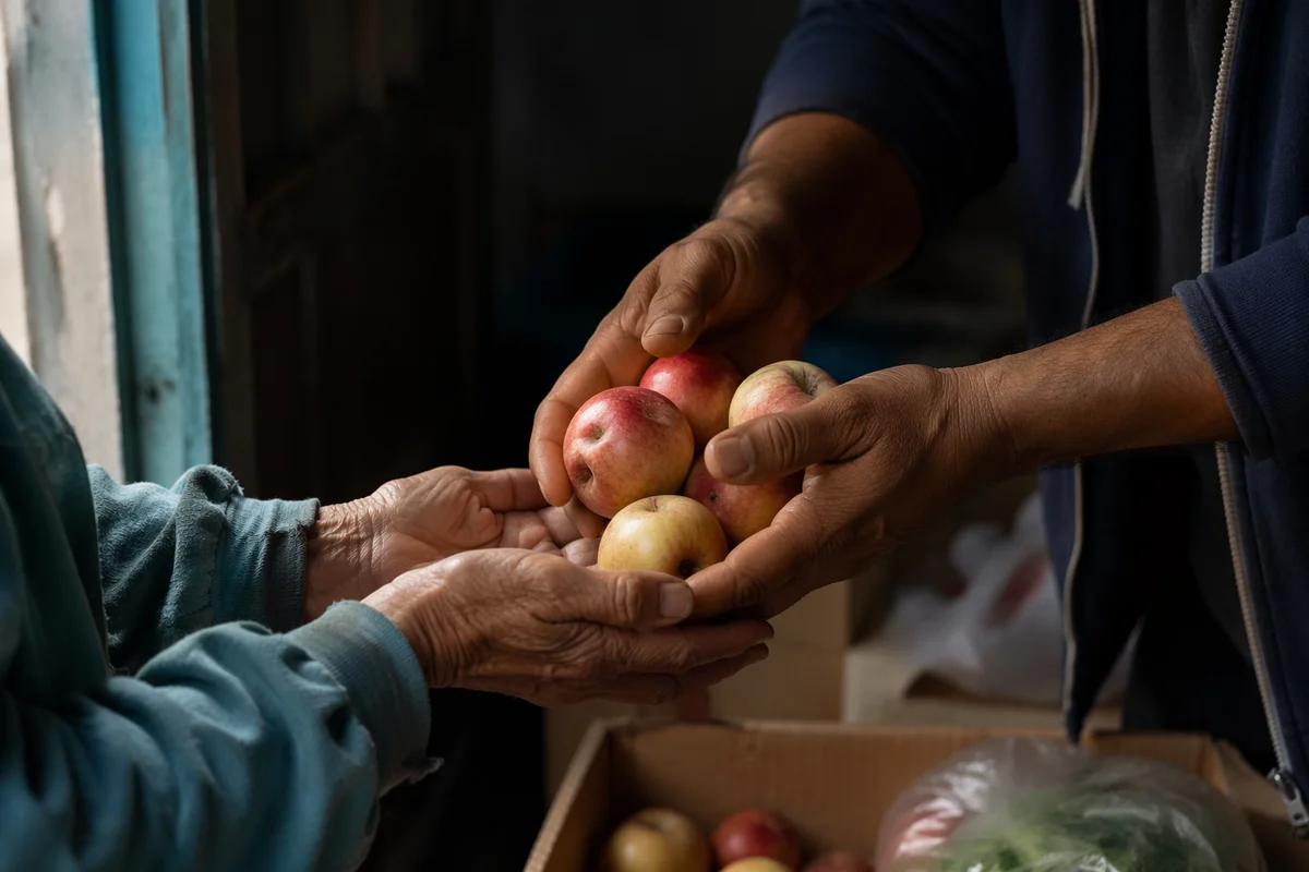 Compassionate Hands Sharing Apples in Ministry