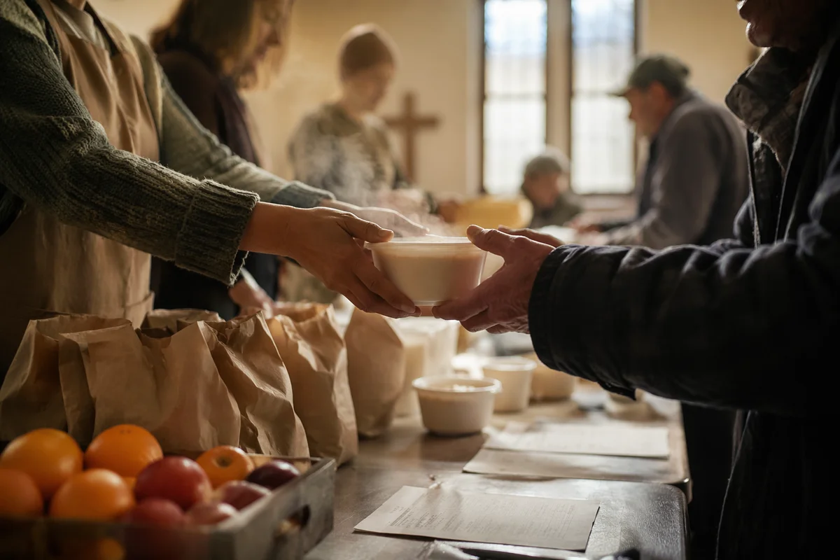 Volunteers Serving Meals in Church Hall