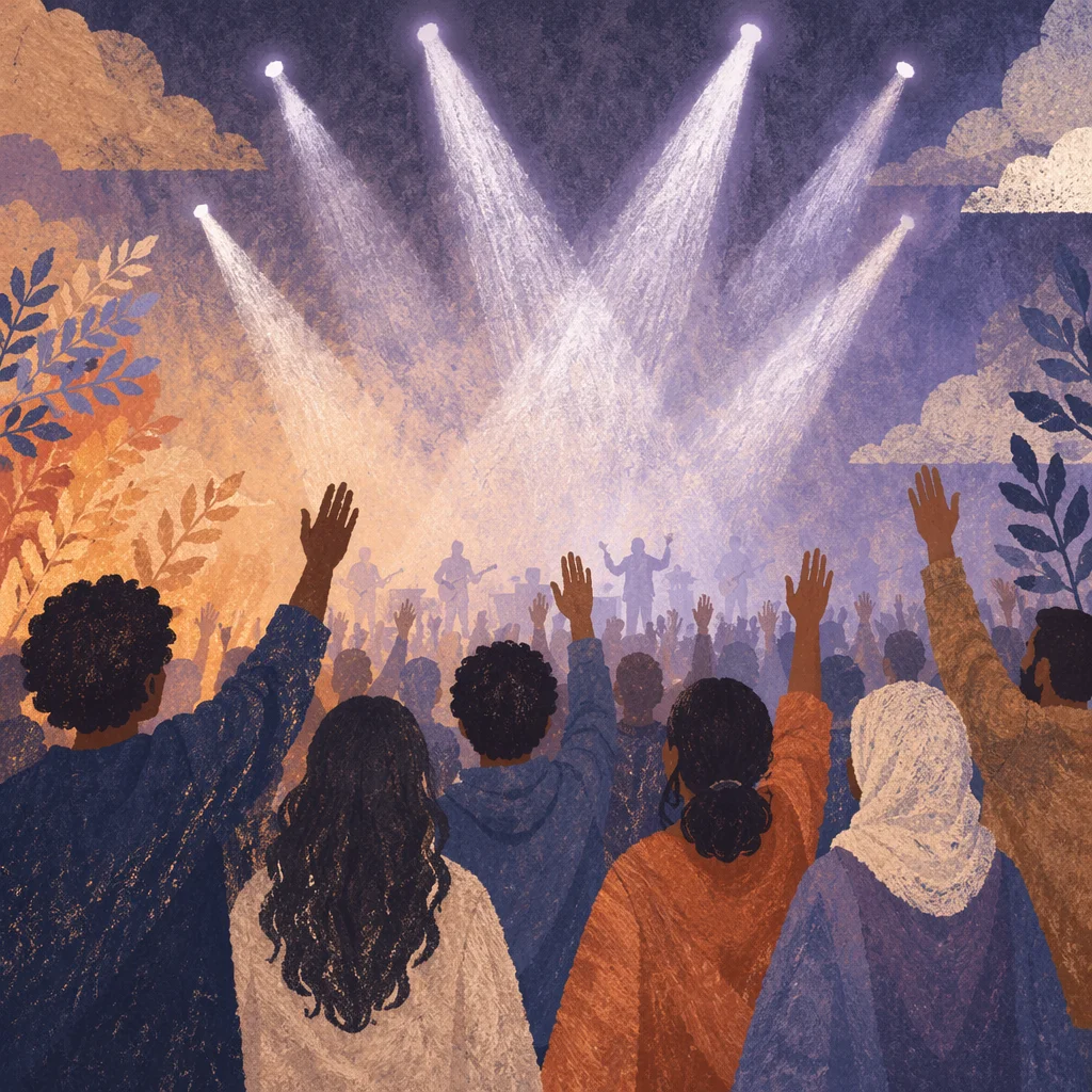 Raised Hands in Worship Concert Lights