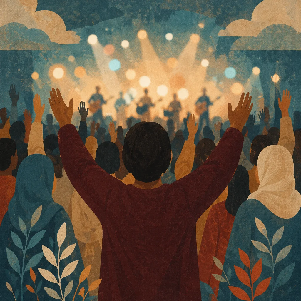 Raised Hands in Worship Concert Lights