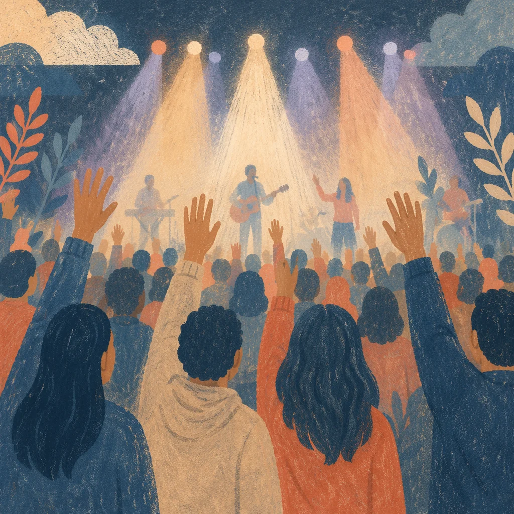 Raised Hands in Worship Concert Lights