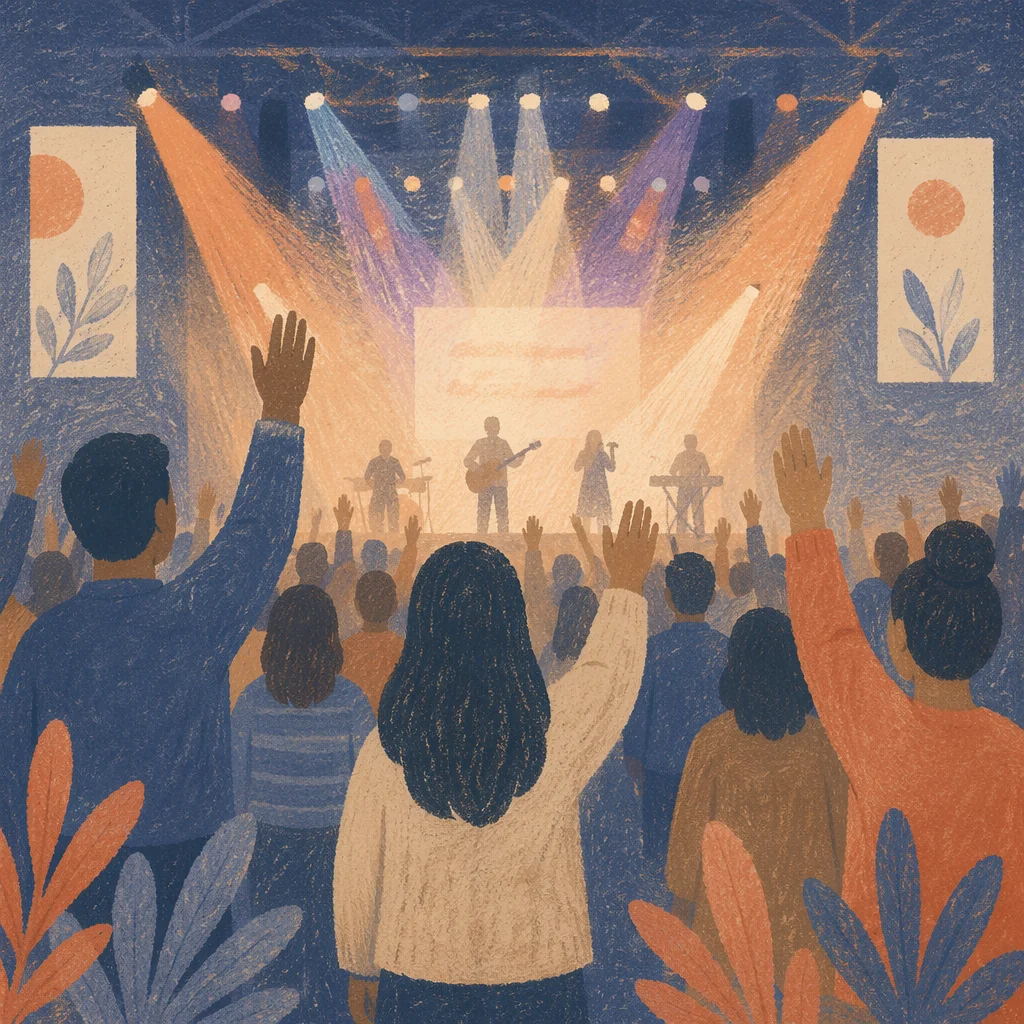 Raised Hands in Evening Worship Lights