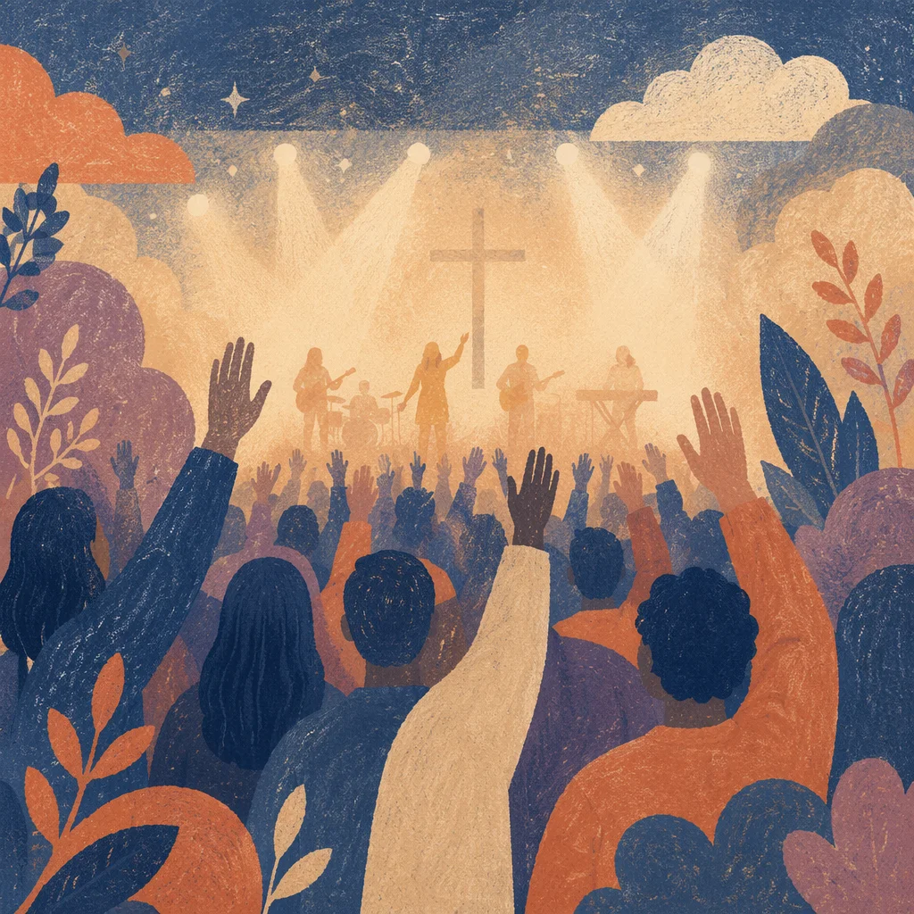 Raised Hands in Reverent Worship Lights