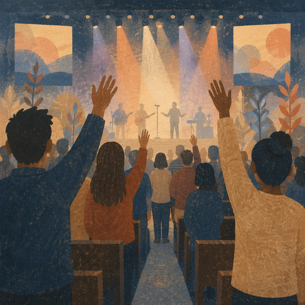 Raised Hands in Contemporary Worship Lights