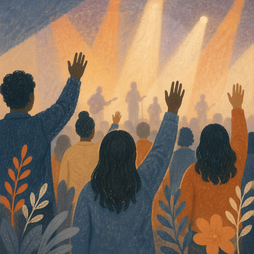 Raised Hands in Reverent Worship Lights
