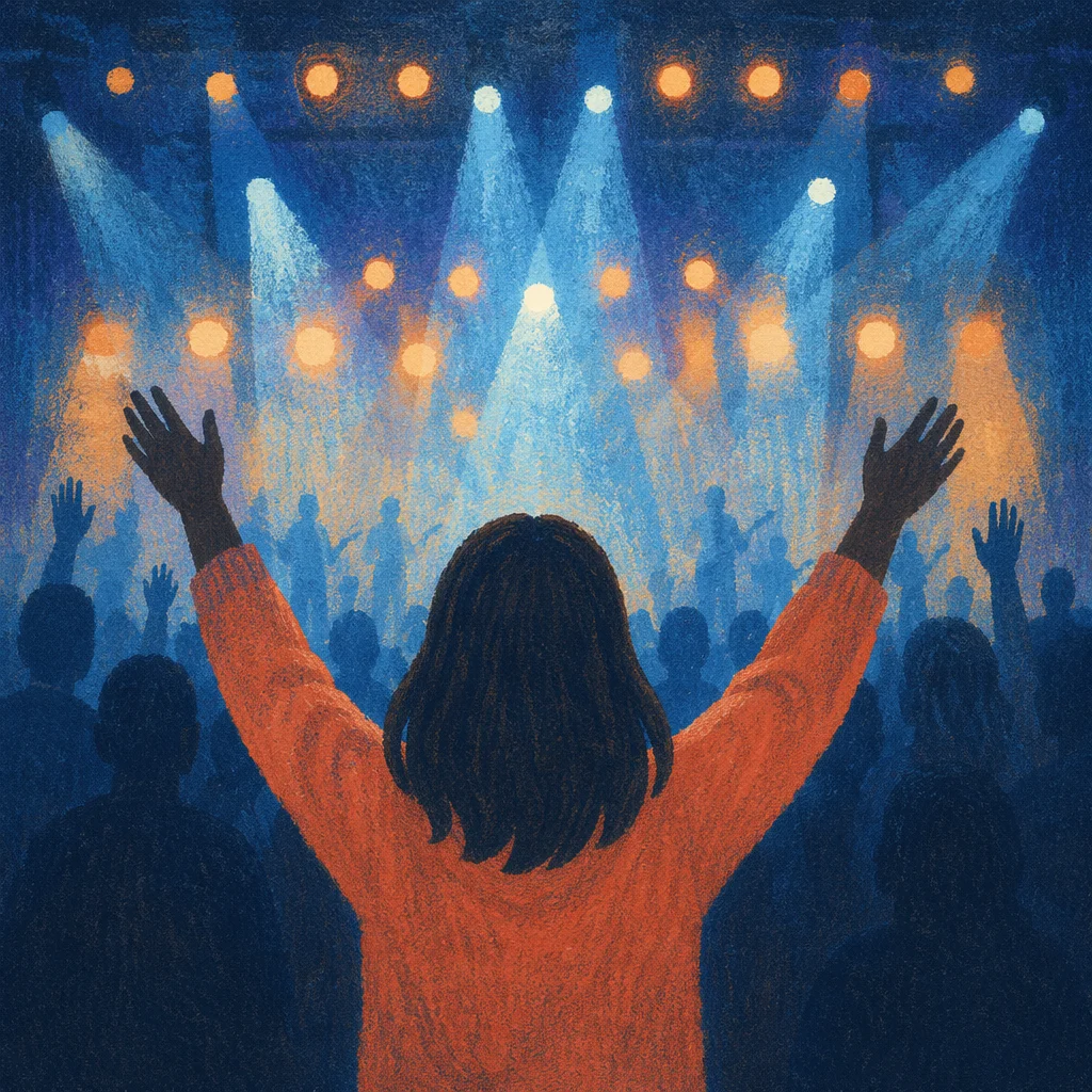 Raised Hands in Blue Worship Lights