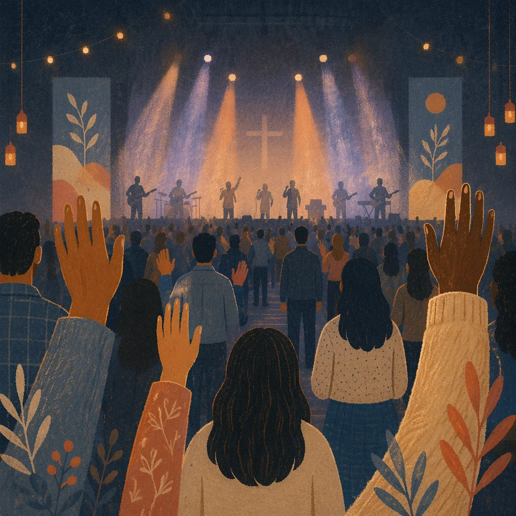Raised Hands in Evening Worship Lights