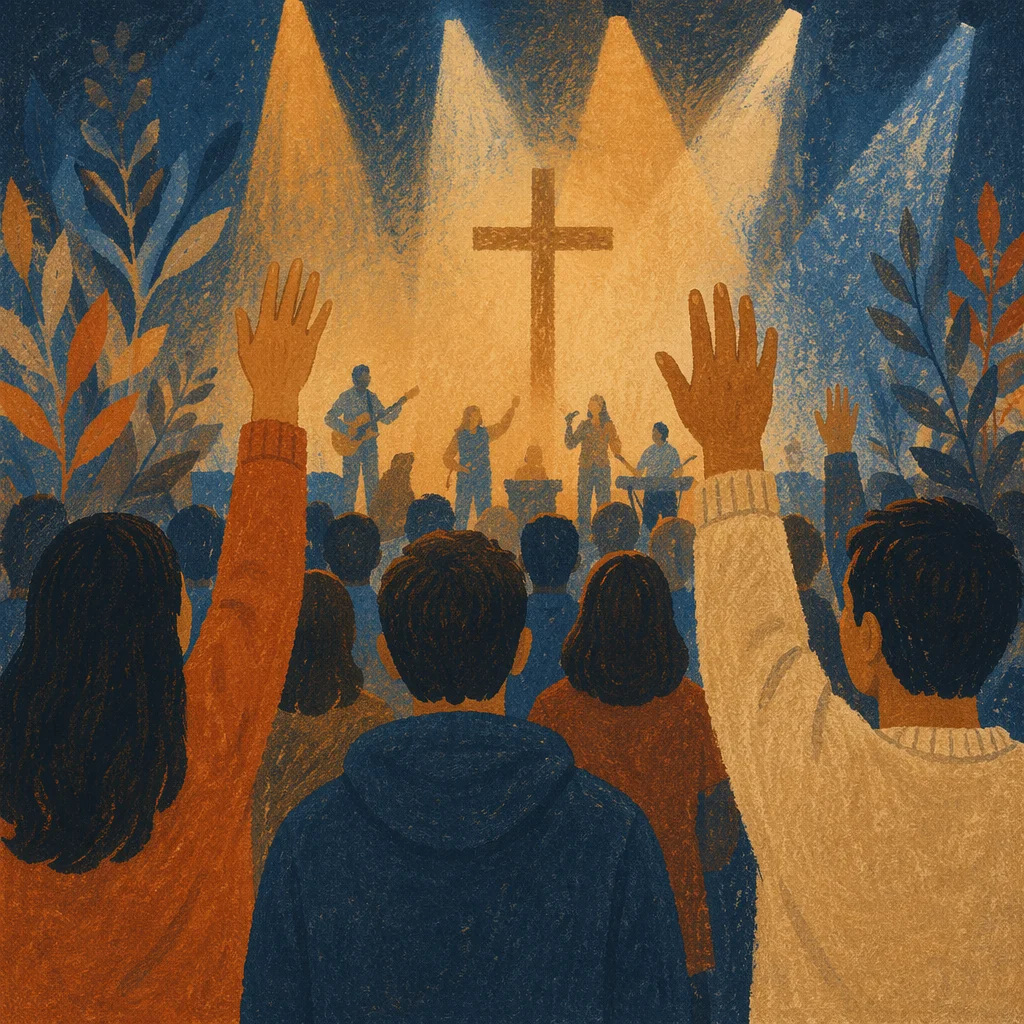 Raised Hands in Evening Worship Lights
