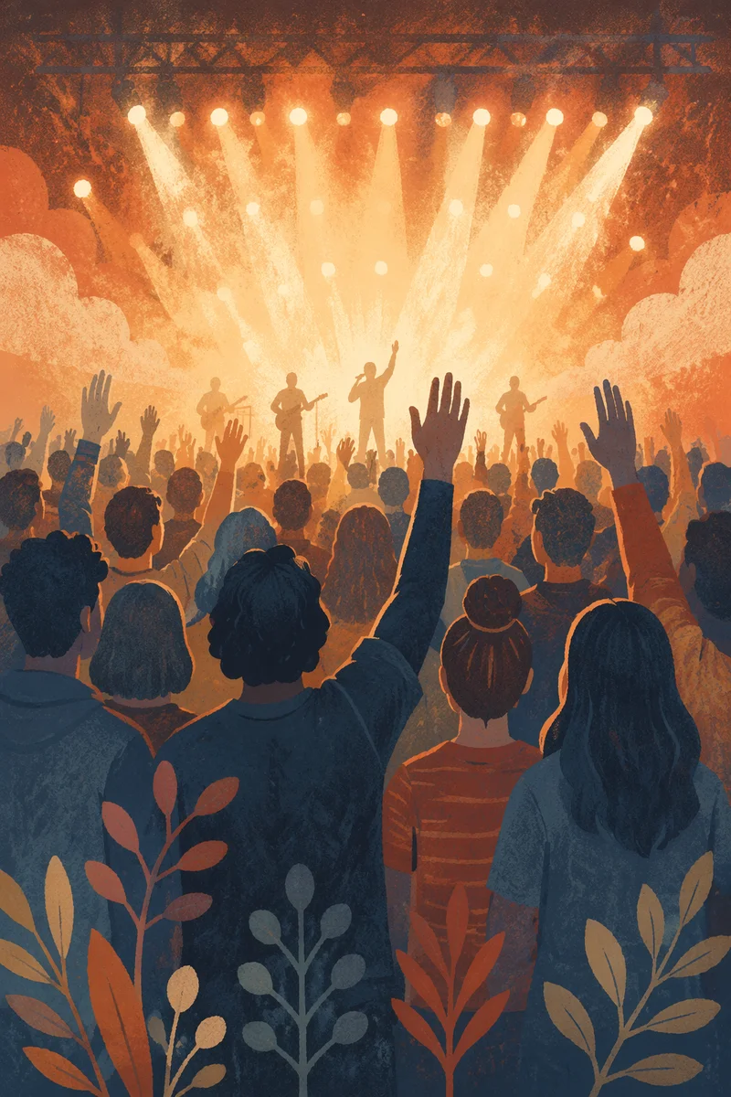 Raised Hands in Golden Worship Lights
