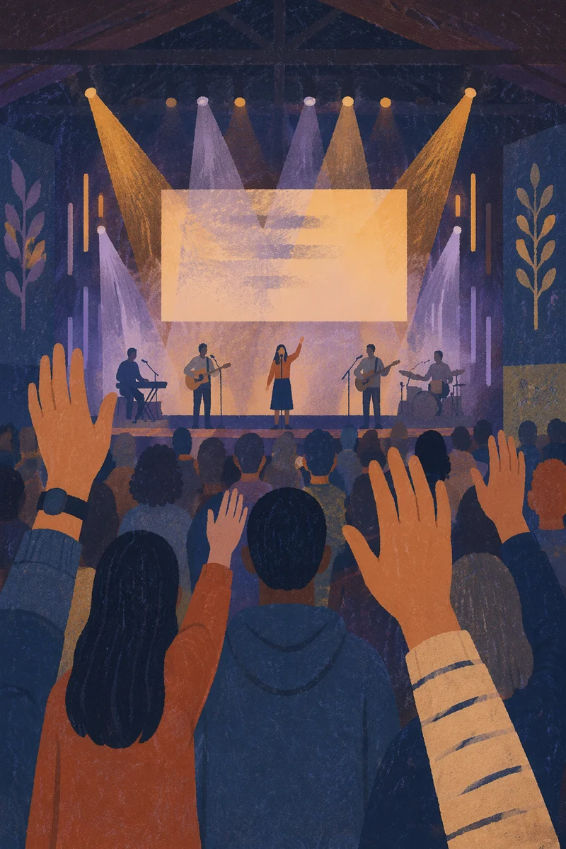 Raised Hands in Evening Worship Lights
