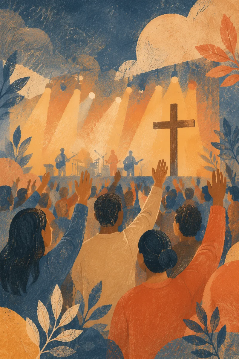 Raised Hands Worship Under Amber Lights