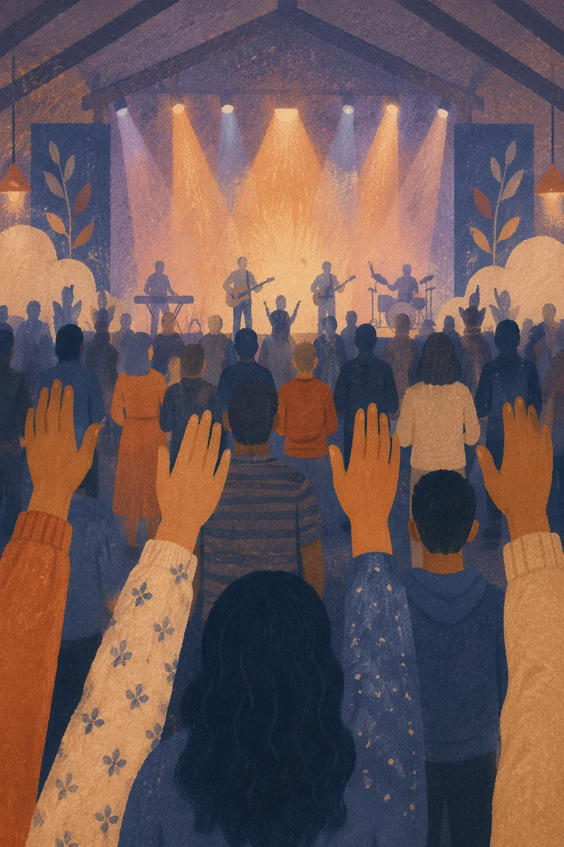 Raised Hands in Evening Worship Lights