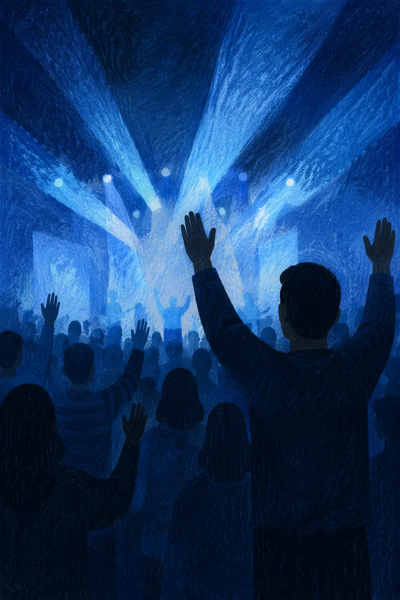 Raised Hands in Blue Worship Lights