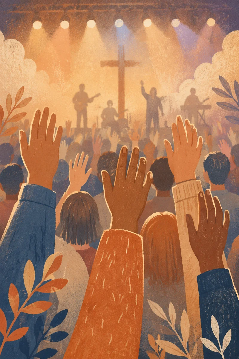 Raised Hands in Evening Worship Lights