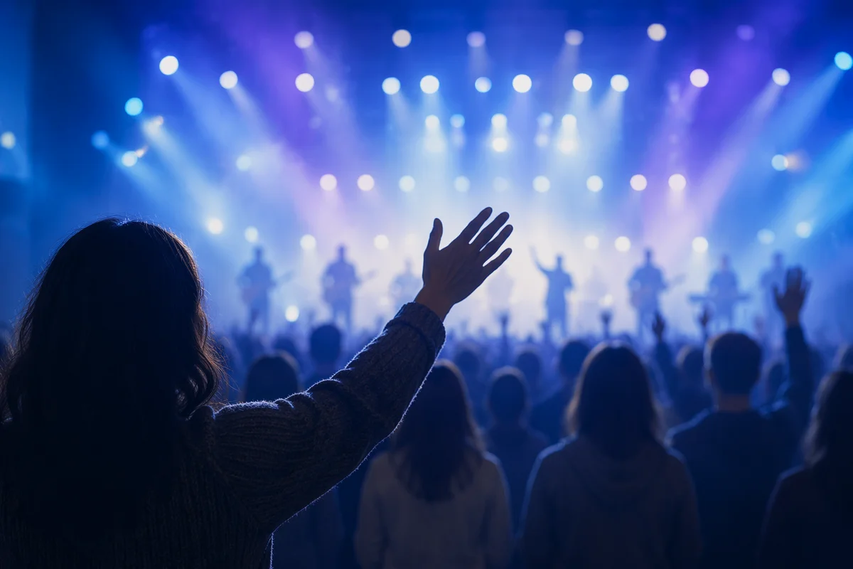 Raised Hands in Blue Worship Lights