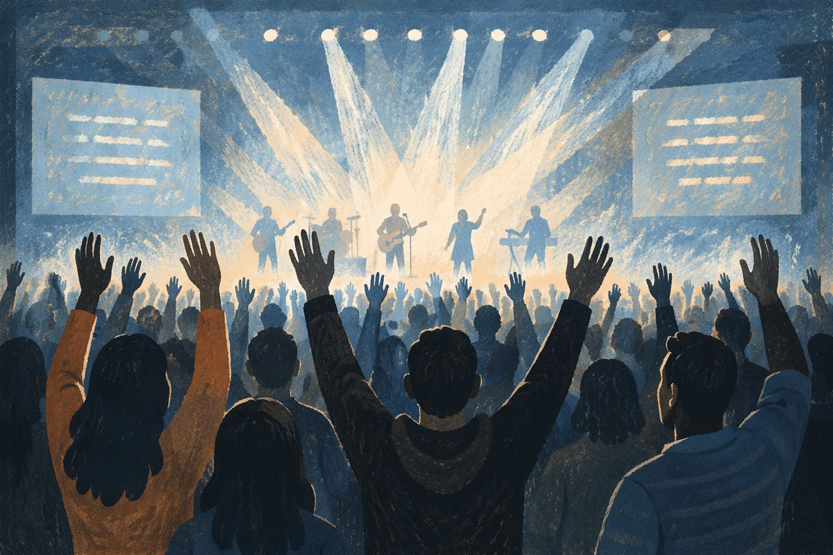 Raised Hands in Blue Worship Concert Lights