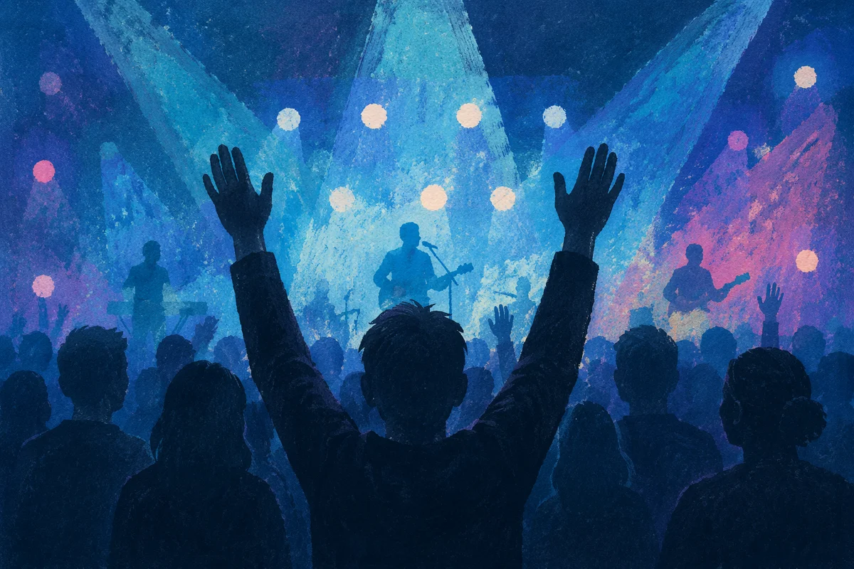 Hands Raised at Worship Concert Lights